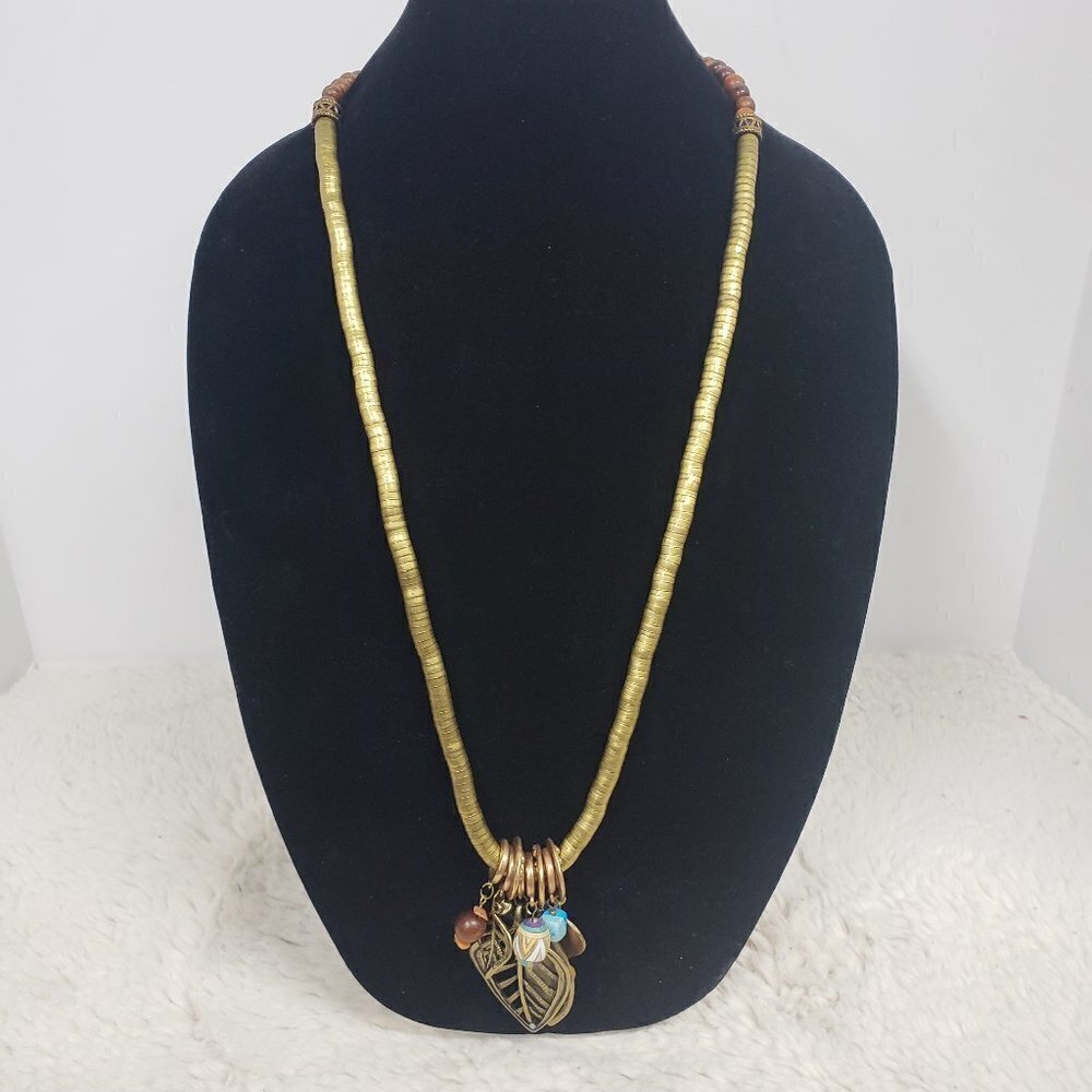 Chico's Wood Bead Metal Leaf Trinket Necklace